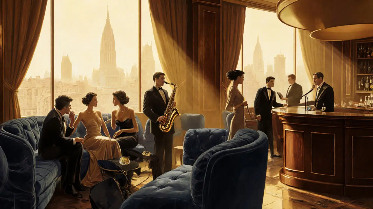 1950s hotel lounge with elegantly dressed escorts and diplomats amid warm golden lighting.