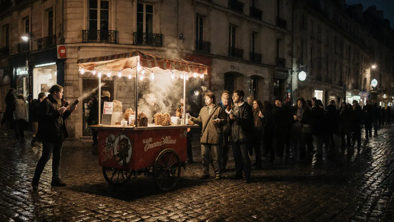 A food cart selling warm churros with dark chocolate dip in Montmartre at 3 a.m.