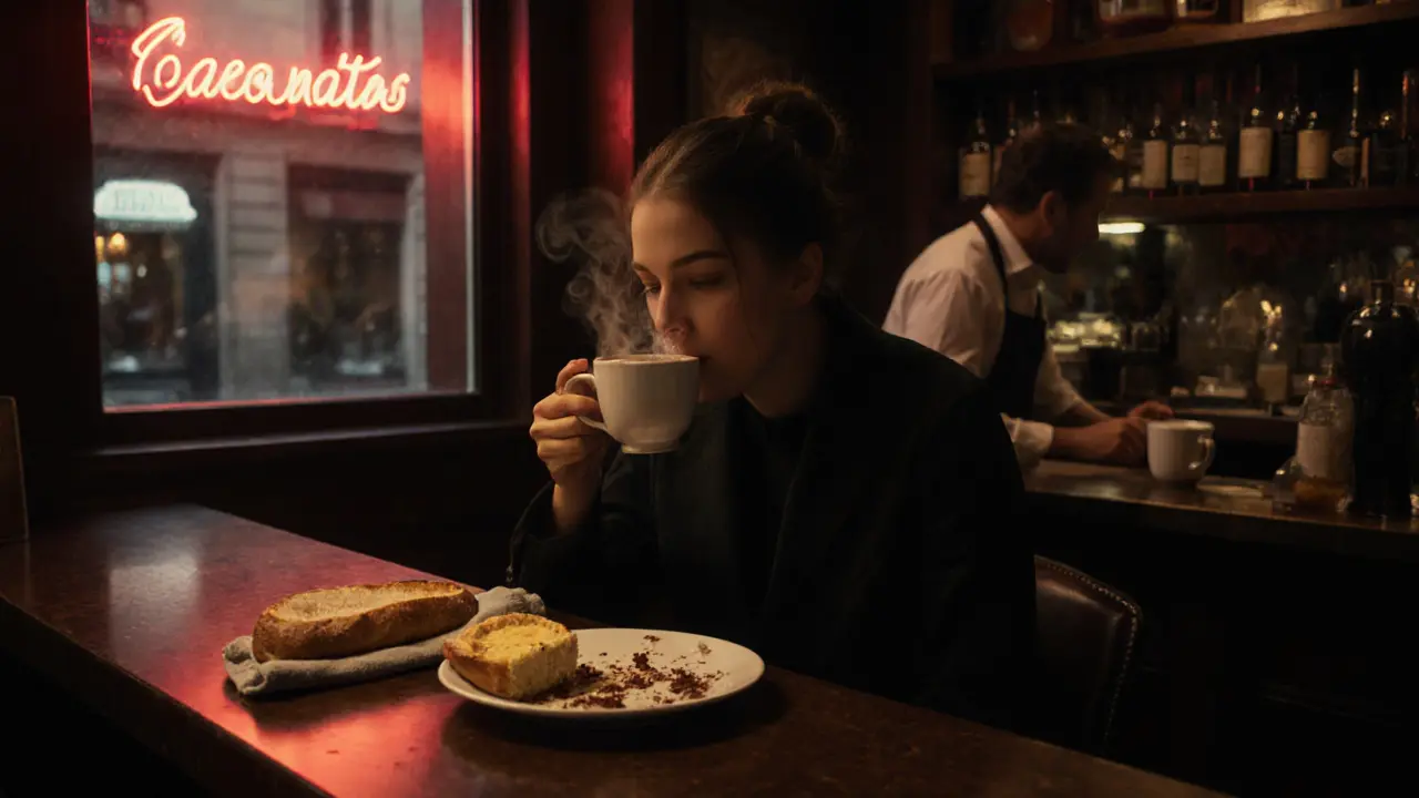 A lone customer enjoying hot chocolate in a 24-hour Paris bistro at dawn.