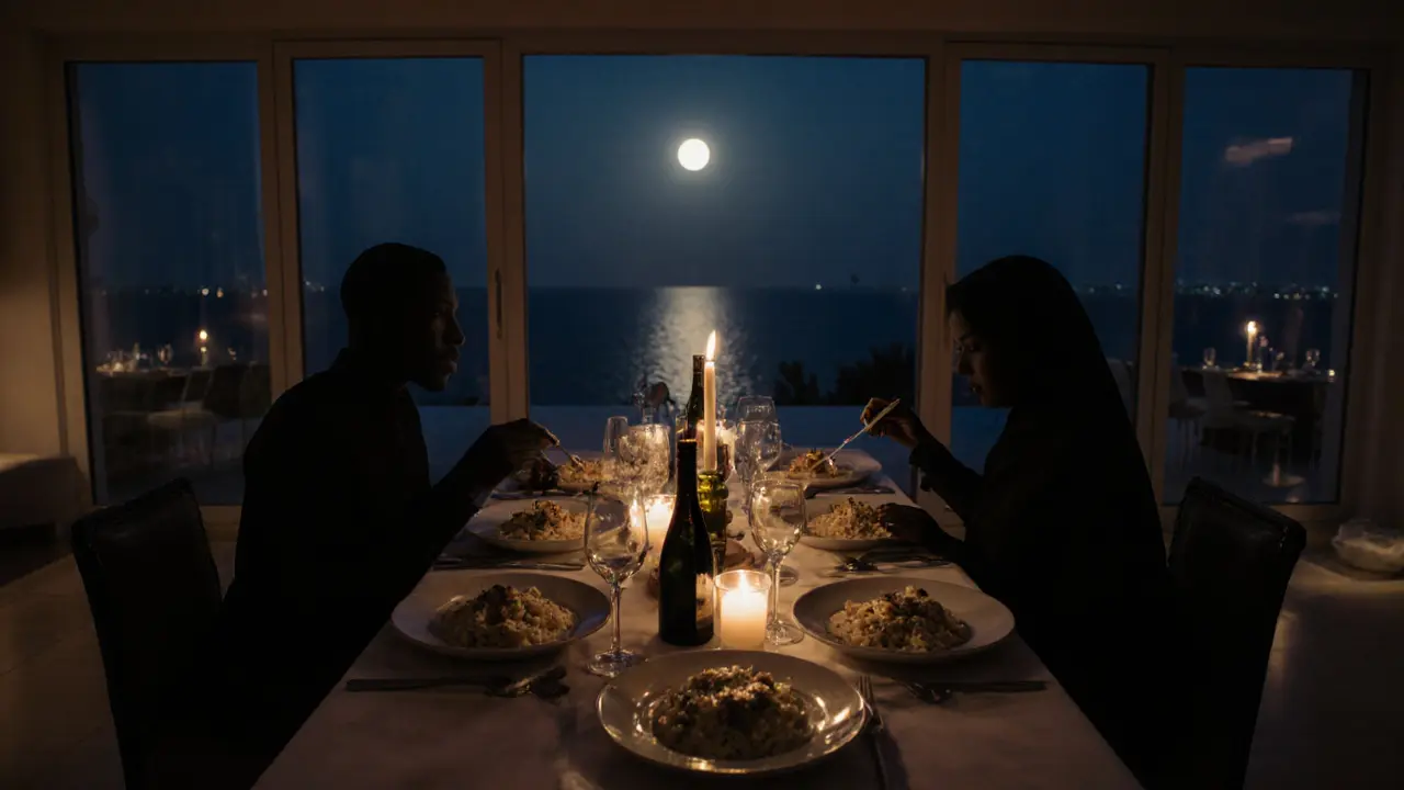 A private dinner under candlelight in a luxurious villa, with fine dining and the Arabian Gulf visible through the windows.