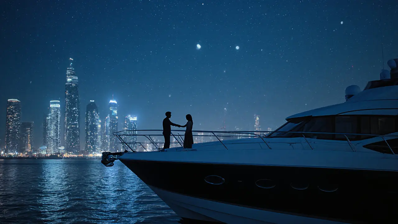 A quiet yacht cruise at dusk in Yas Marina, two figures standing at the rail as the city glows in the distance.