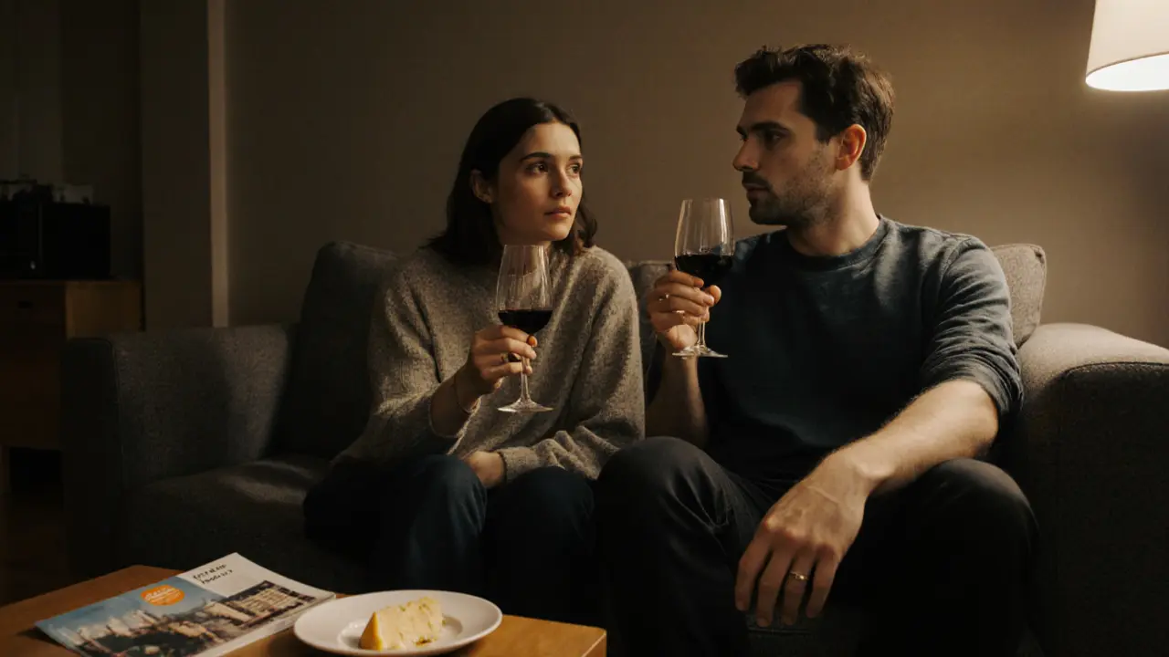 A woman and male companion sit on a couch in a Berlin apartment, talking over wine with emotional openness.
