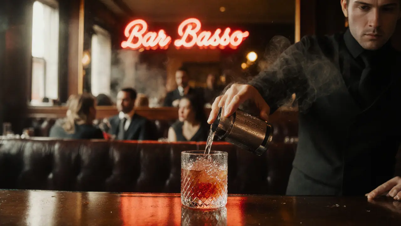 Bar Basso interior showing a bartender serving a Negroni Sbagliato.
