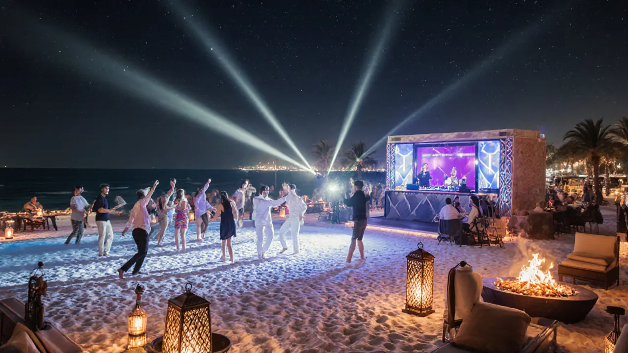 Beach club party at night with lanterns, DJ booth, dancing on sand, and waves under stars.