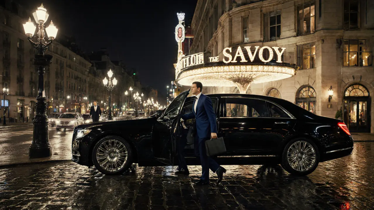 Black limousine stops at The Savoy, with a stylish companion stepping out.