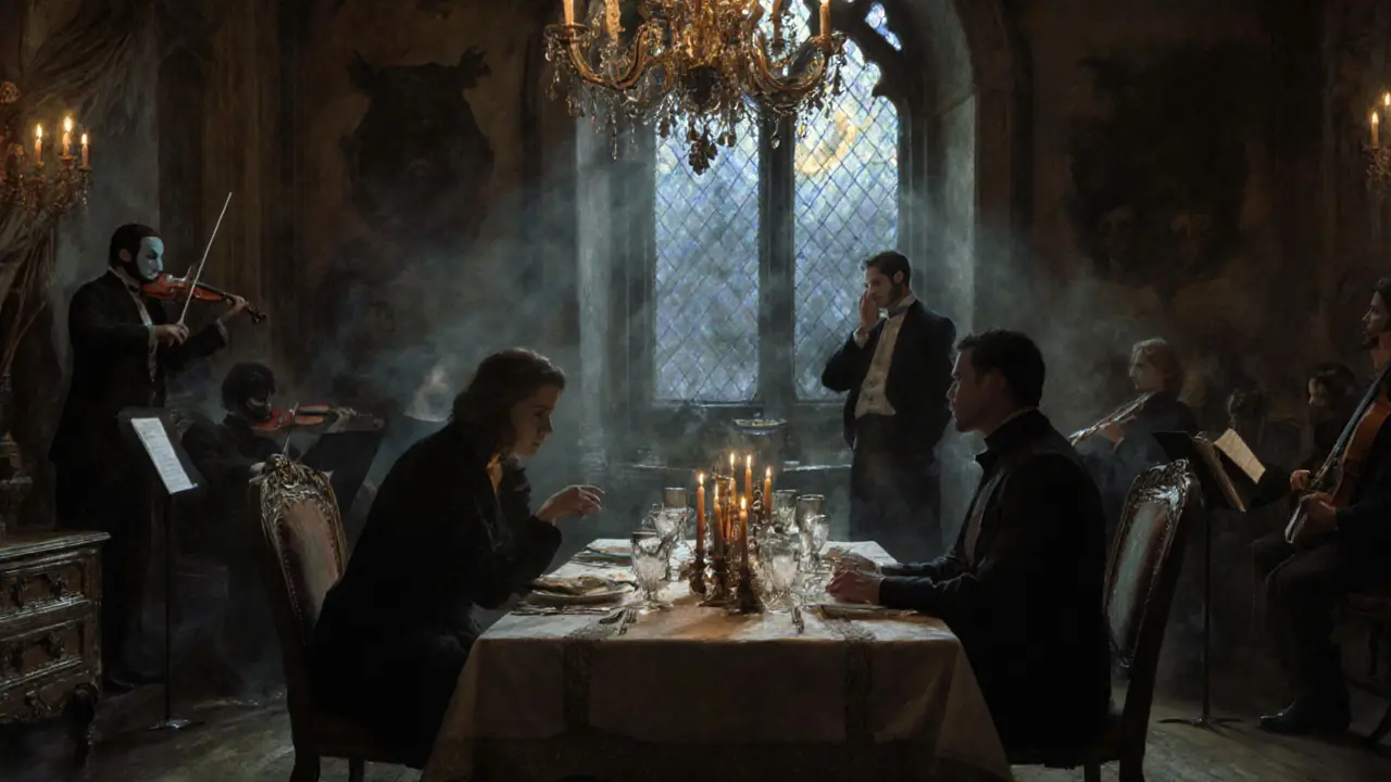 Candlelit dinner in a haunted château with masked waiters and a string quartet playing under moonlight.
