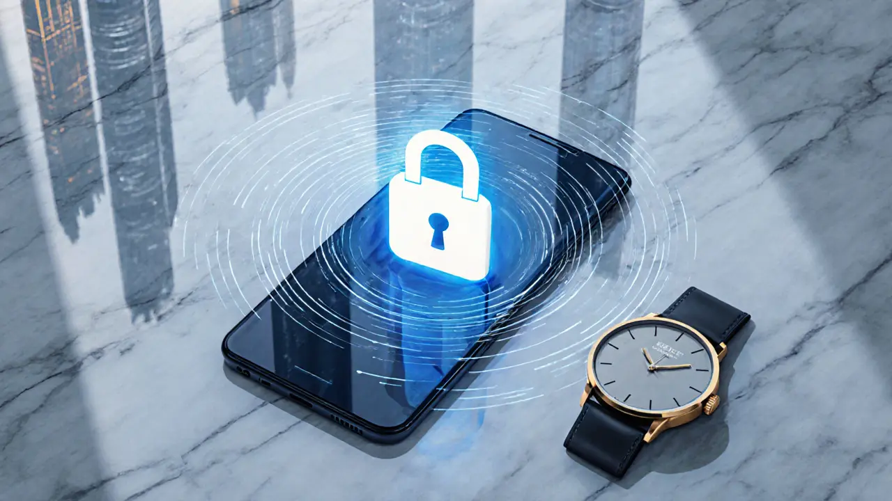 Close‑up of a smartphone displaying an encrypted lock icon on a marble surface.