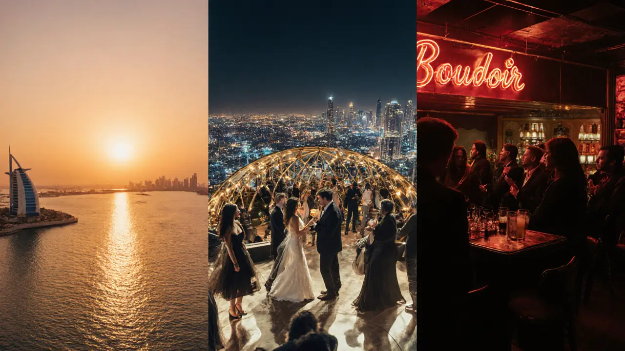 Collage of beach club sunset, rooftop lounge skyline, and underground techno speakeasy.