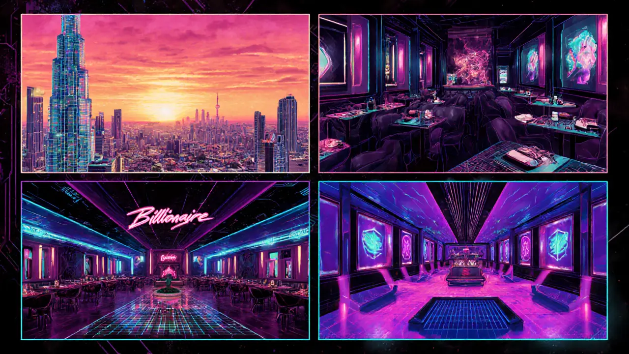 Collage of four nightlife spots: sky lounge, lounge, nightclub, and after‑party club.