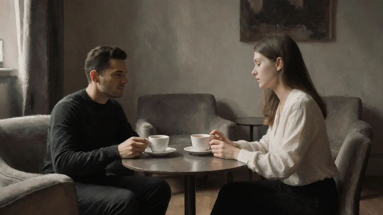 Companion and client sharing a quiet conversation in a softly lit lounge.