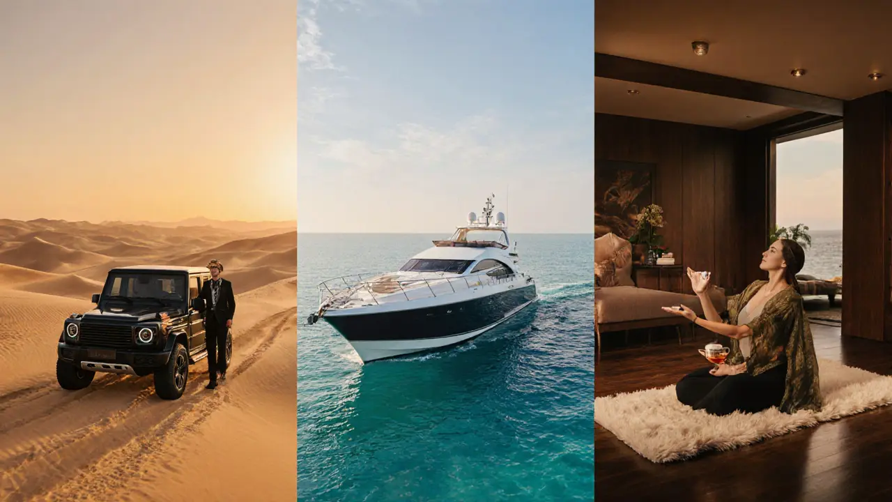 Companions escorting a client through desert safari, yacht, and yoga spa, illustrating varied luxury experiences.