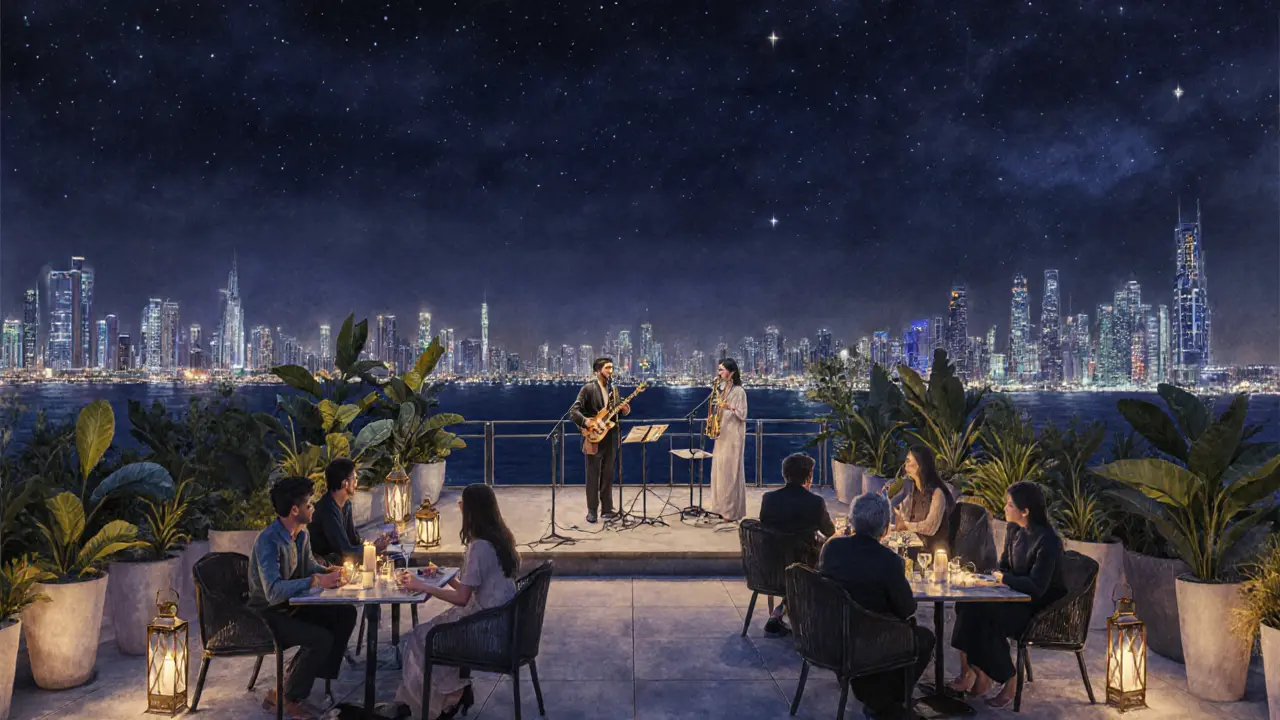 Cozy rooftop jazz setting with candles, plants, and night city skyline.
