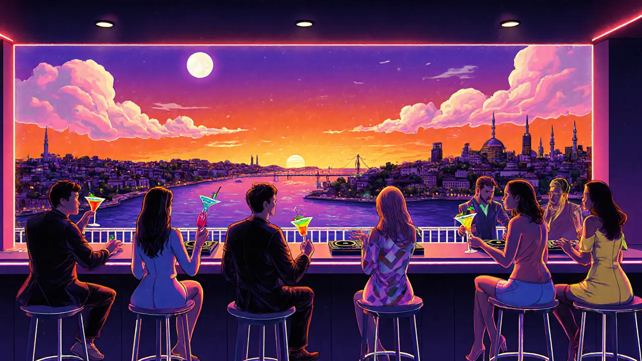 Crowd on a rooftop bar enjoying cocktails, DJ, and Bosphorus sunset views.