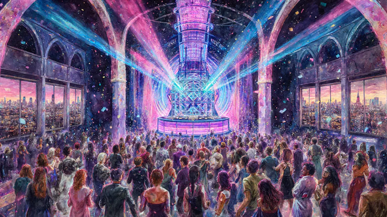 Crowded Amnesia nightclub with colorful lights and dancing patrons.