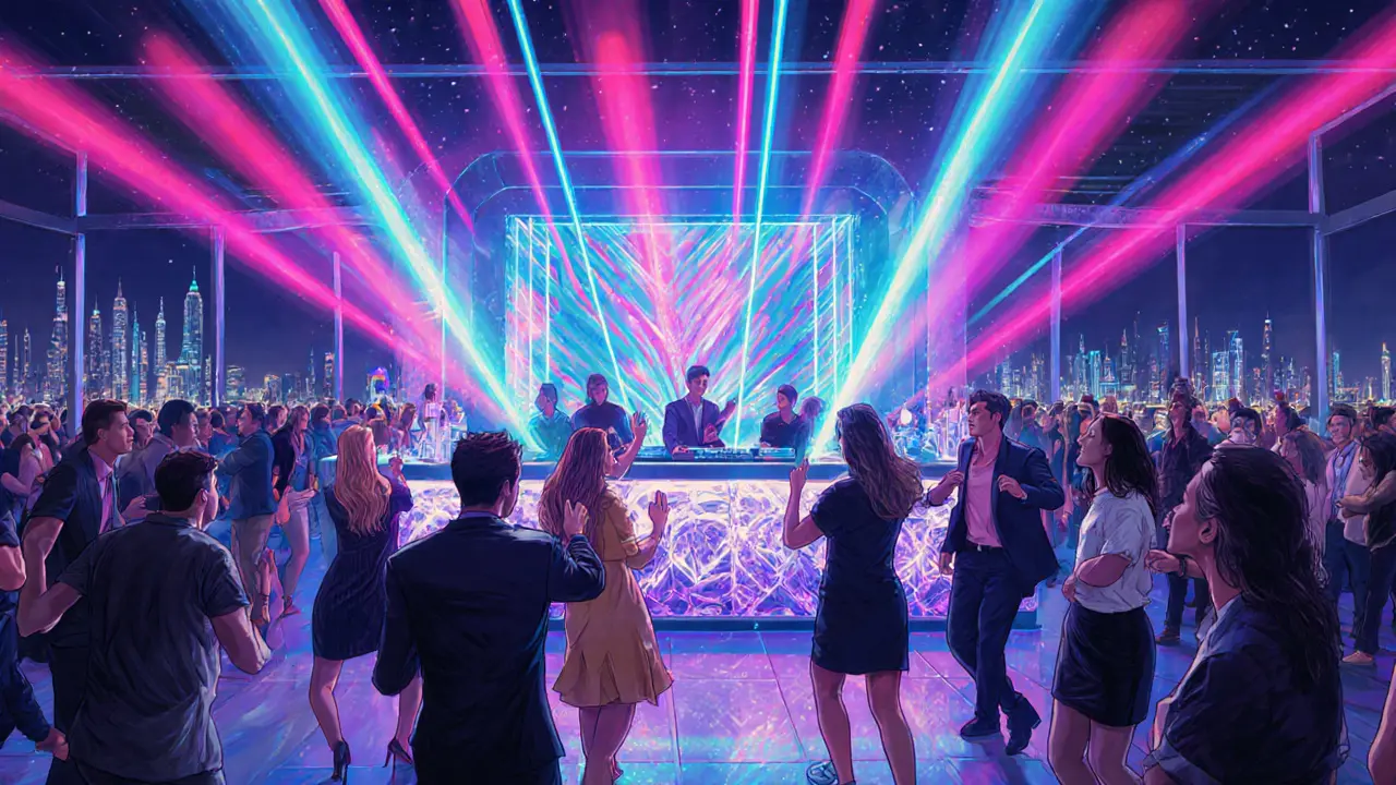 Crowded dance floor at a Yas Island club with neon lights and stylish guests.