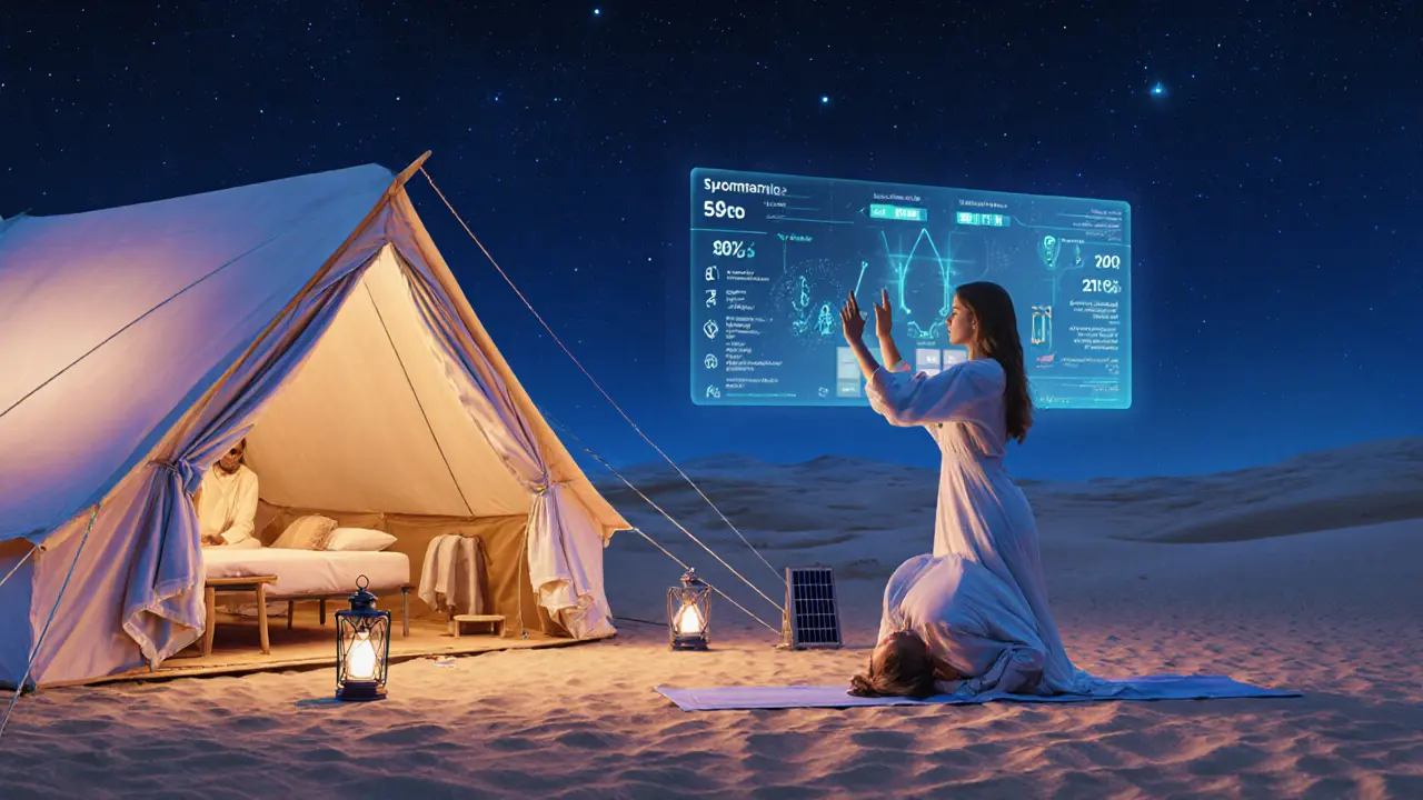Desert glamping scene with yoga, companion, and holographic AI matchmaking display.