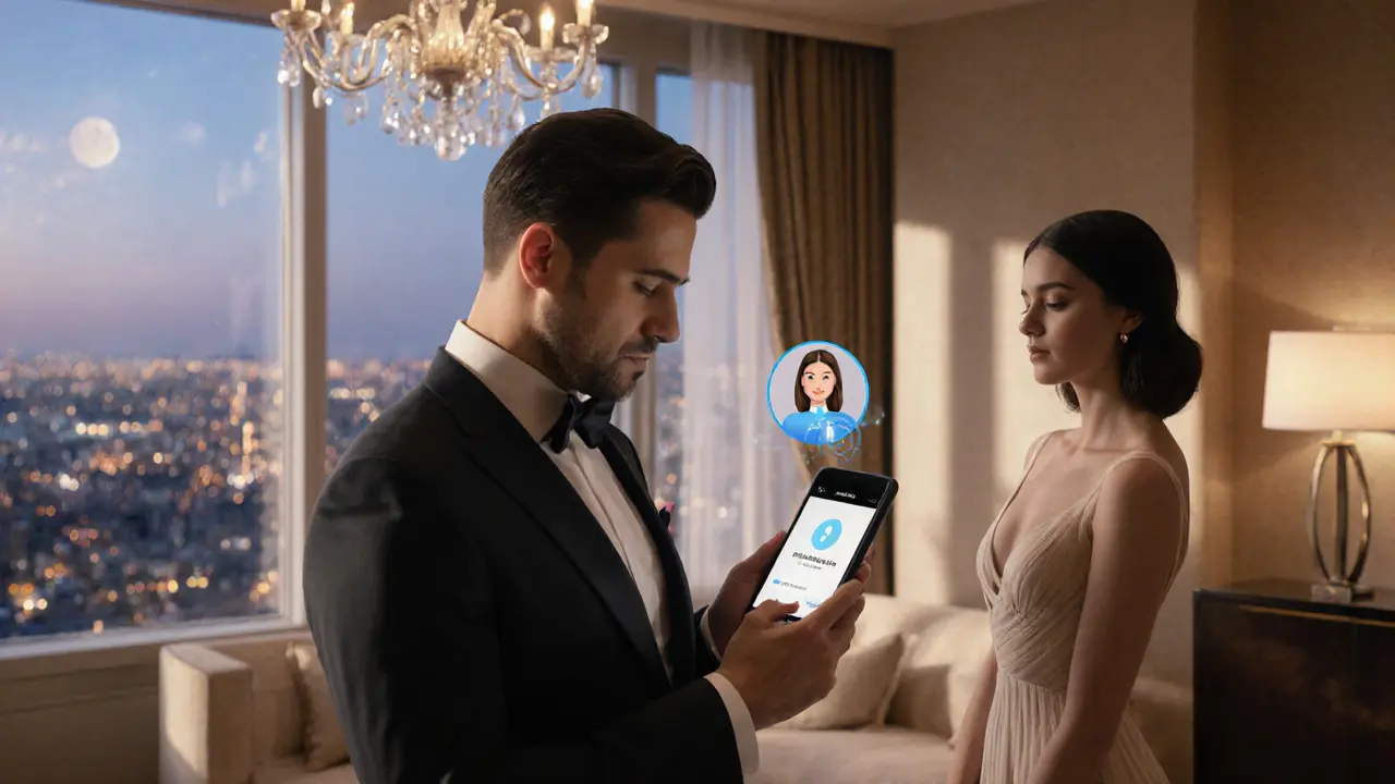 Elegant hotel suite showing encrypted booking app and AI companion suggestion.