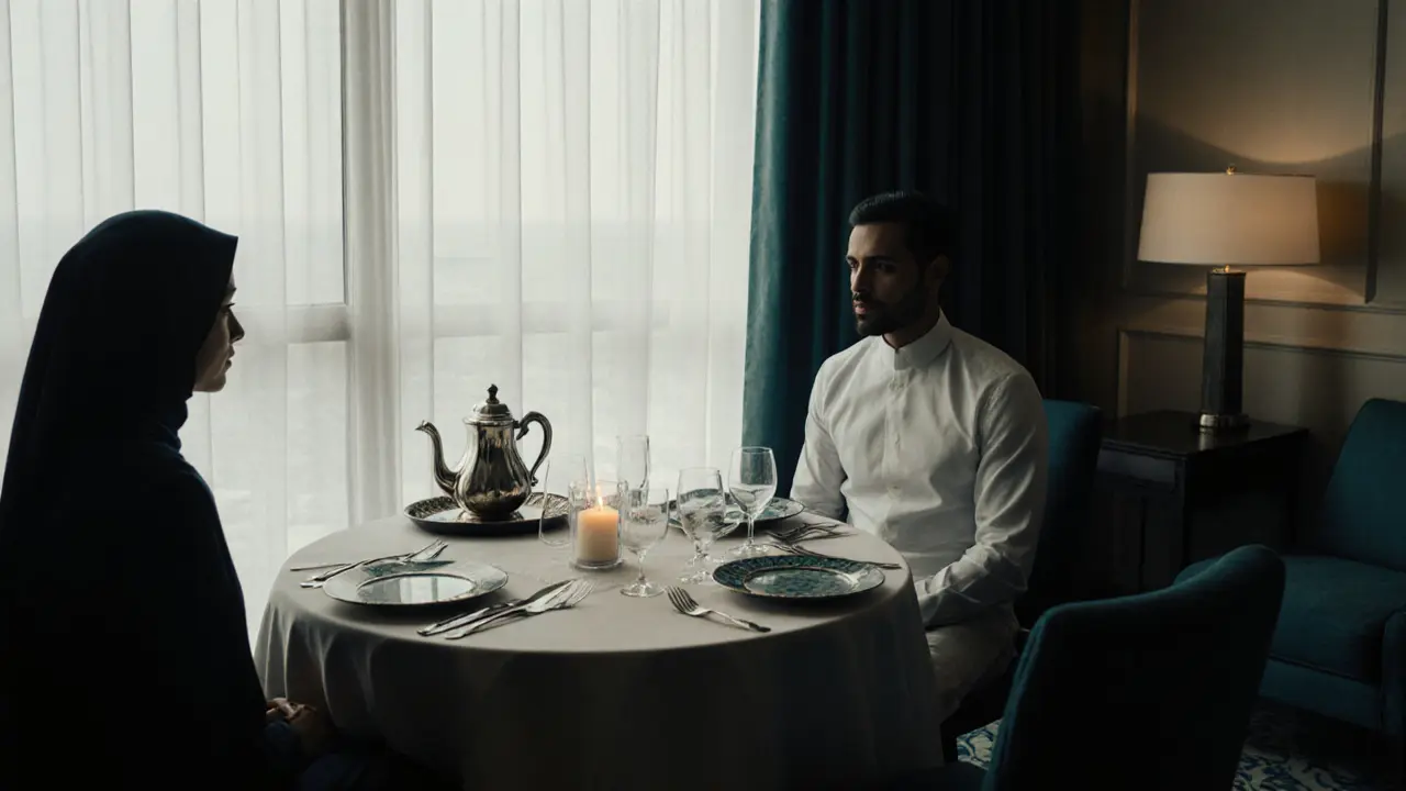 Elegant private dining room with modestly dressed companions, candlelight, and Emirati coffee.