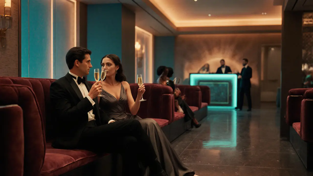 Elegant VIP club interior with a sophisticated couple enjoying drinks.