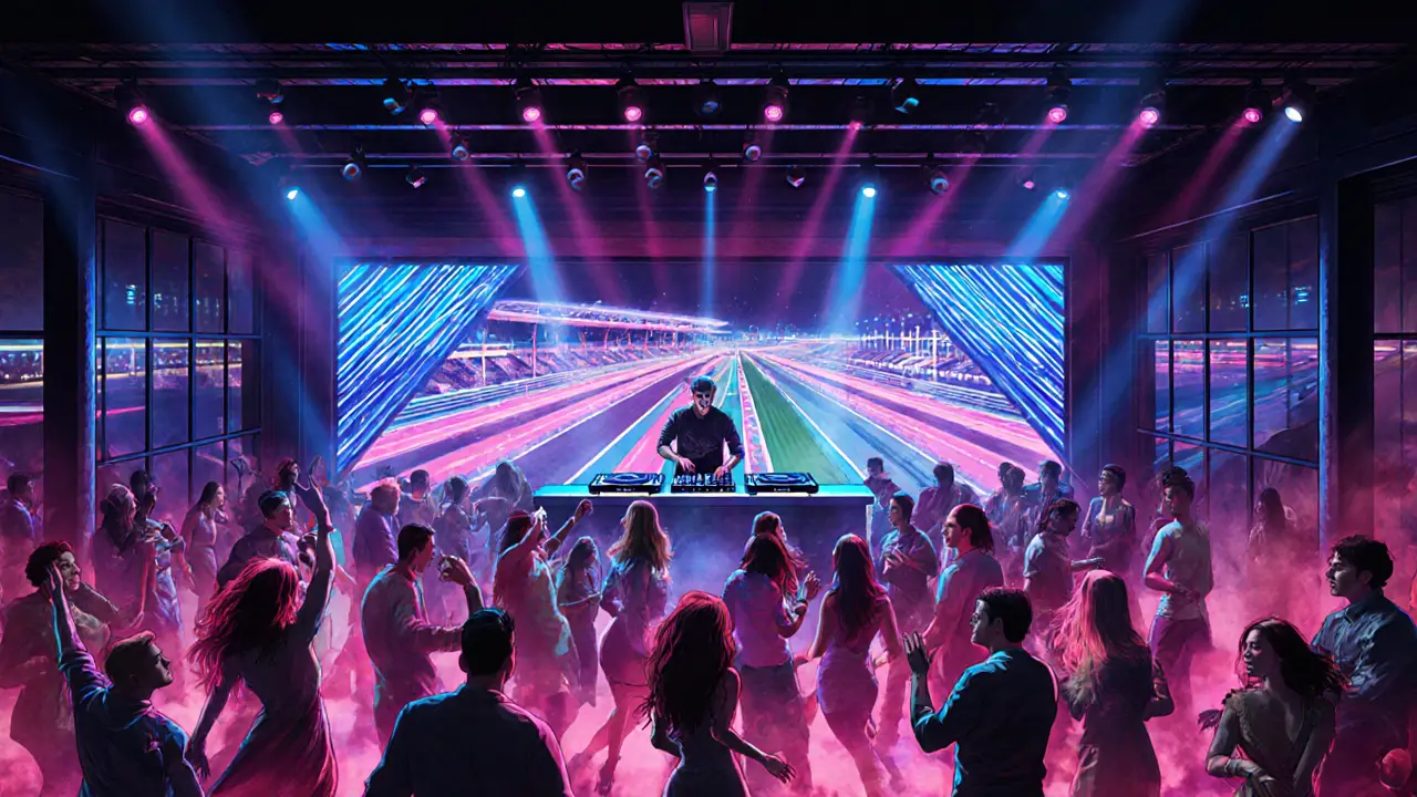 Energetic club interior with DJ, neon lights, and a crowded dance floor.