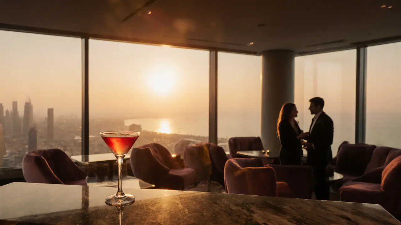 Etihad Towers Sky Lounge at sunset, showing panoramic view and a cocktail on the bar.