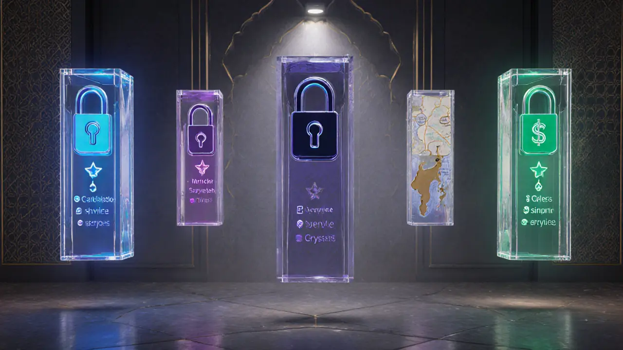 Five glowing glass pillars representing verification, privacy, service range, pricing, and feedback in a luxe lounge.
