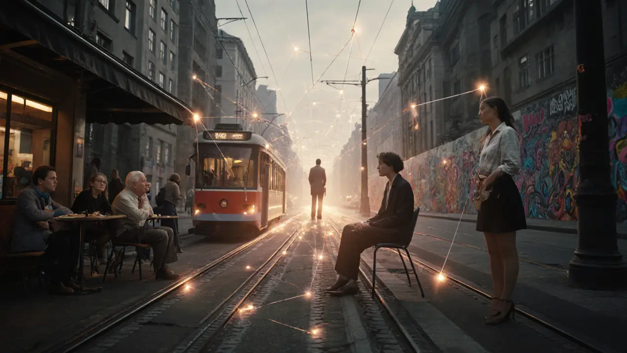 Four lonely individuals in Berlin are subtly connected by glowing threads to a central figure symbolizing emotional support.
