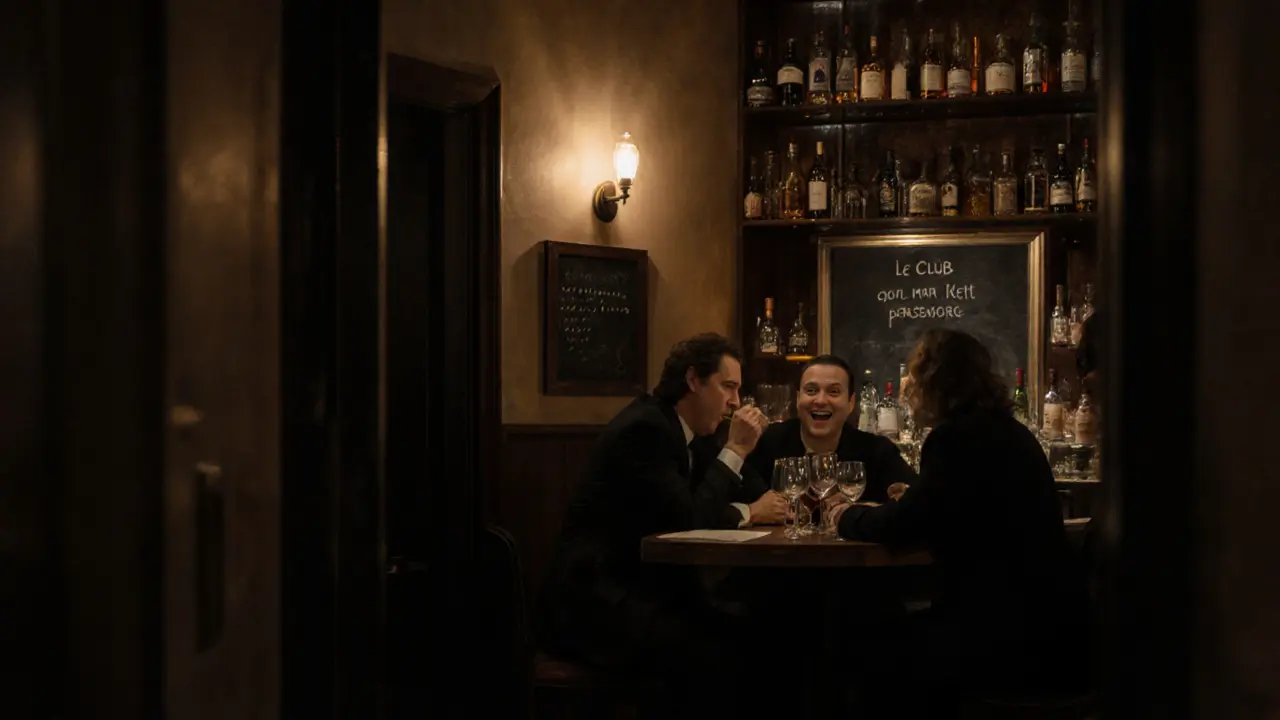 Hidden speakeasy bar with a small group of locals, warm lighting and vintage bottles.