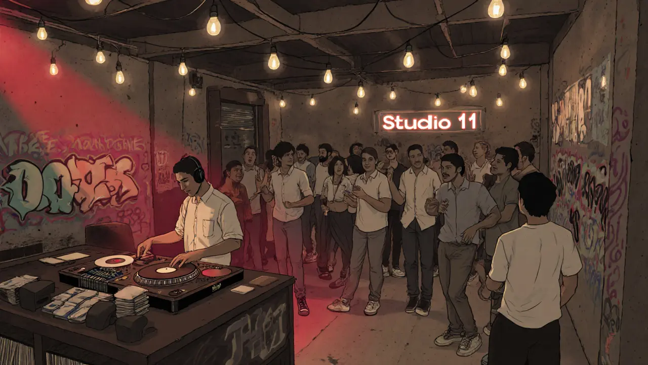 Hidden underground club with diverse crowd dancing to vinyl records in a converted warehouse.