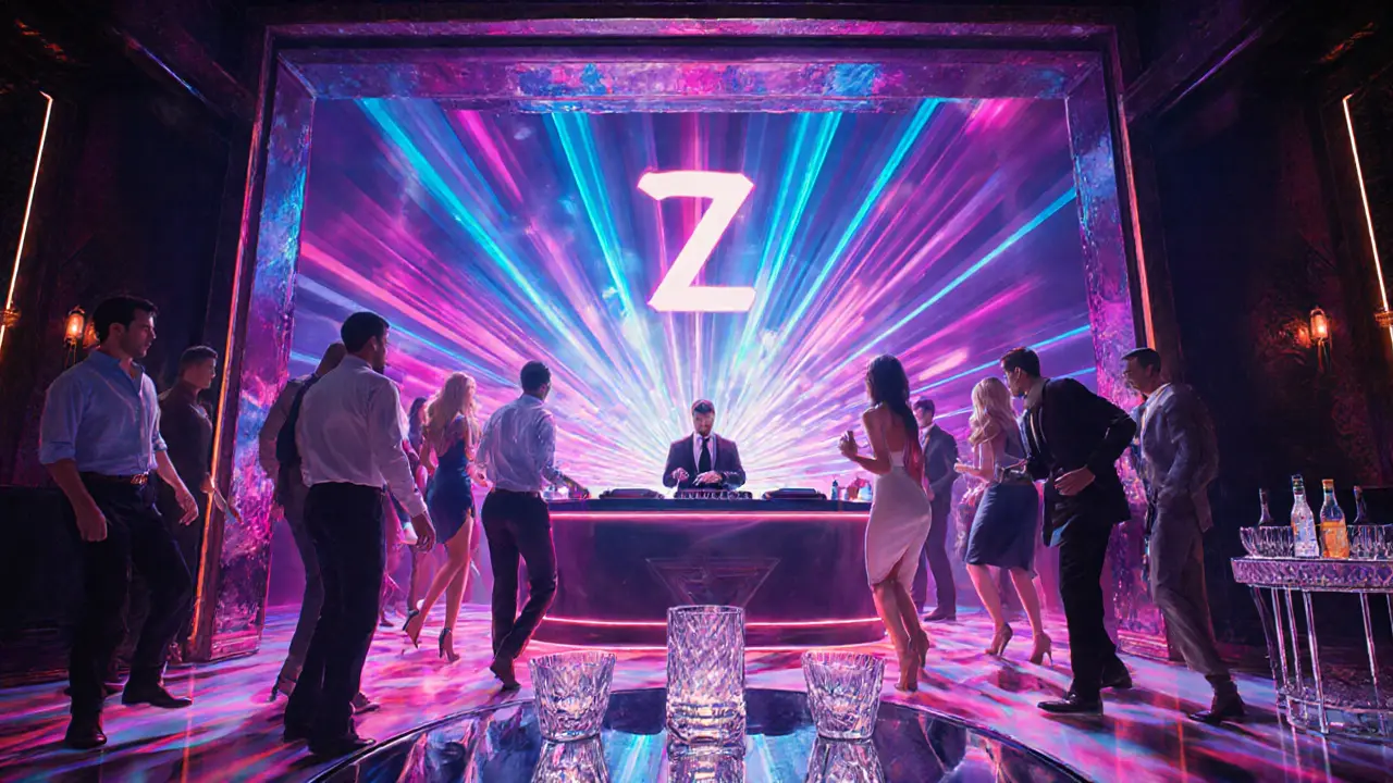 Inside Jimmy&#039;z club with dazzling lights, DJ, and fashionable crowd.