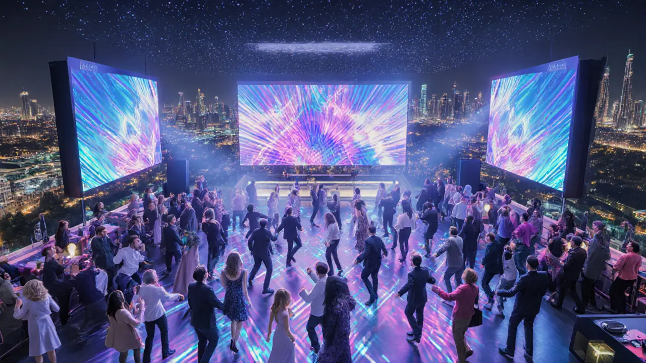 Interior of White Dubai rooftop club with LED screens, dancing crowd and city skyline.