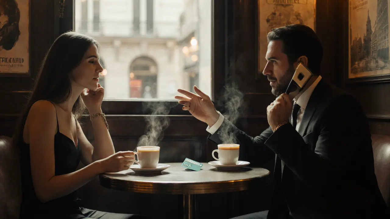 Intimate café meeting with a man, escort, espresso, burner phone, and prepaid card.