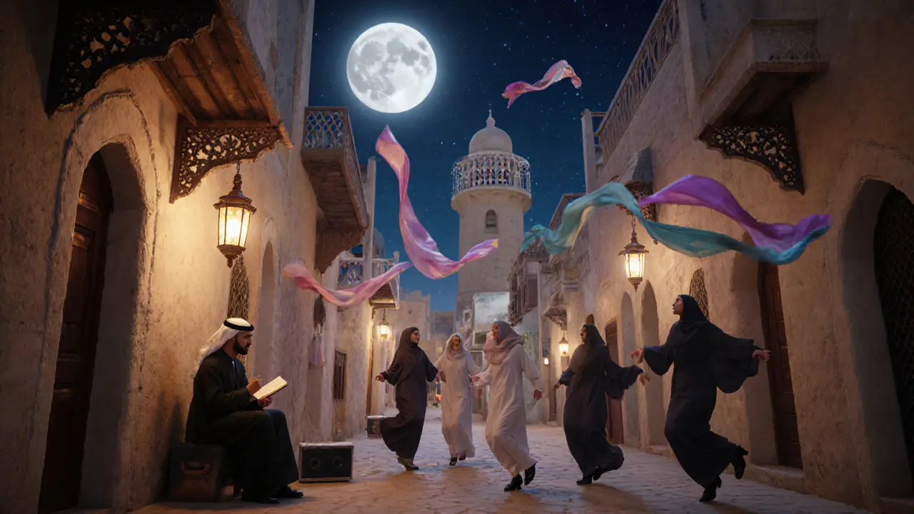 Lantern-lit alley at Al Seef where traditional poetry and hip-hop coexist under moonlight.