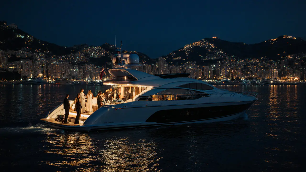 Luxury superyacht at night with guests on deck, Monte Carlo skyline glowing in the distance.