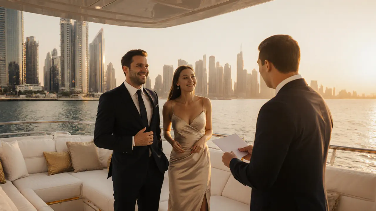 Luxury yacht scene with a well-dressed companion and client at sunset.