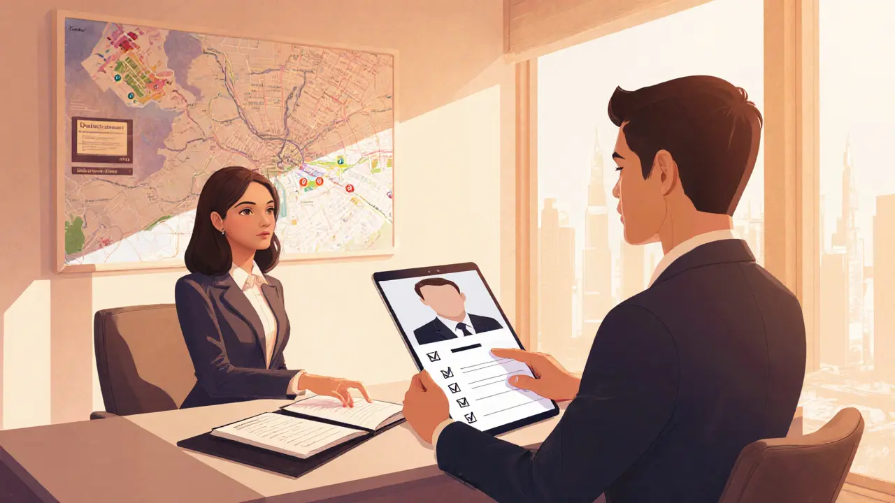 Modern agency office showing a tablet profile, checklist, and agent discussing safety protocols.