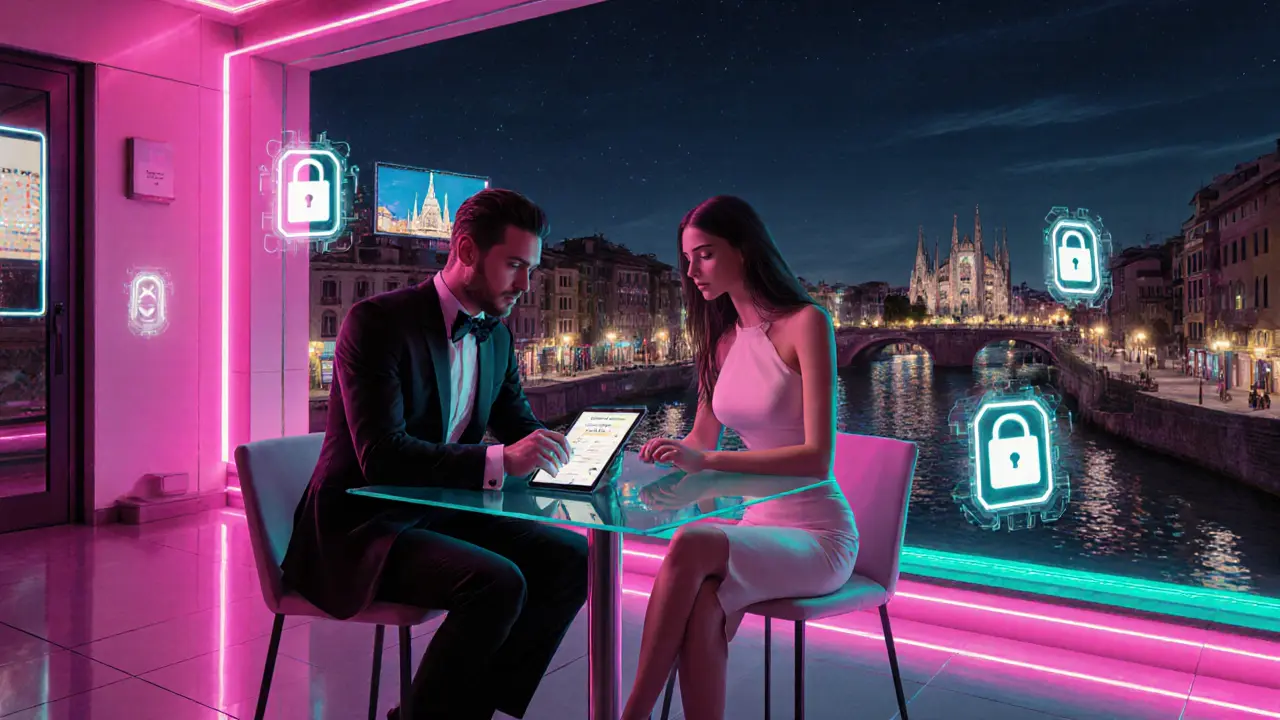 Modern rooftop bar in Navigli with client and escort using a tablet, neon lights and city view.