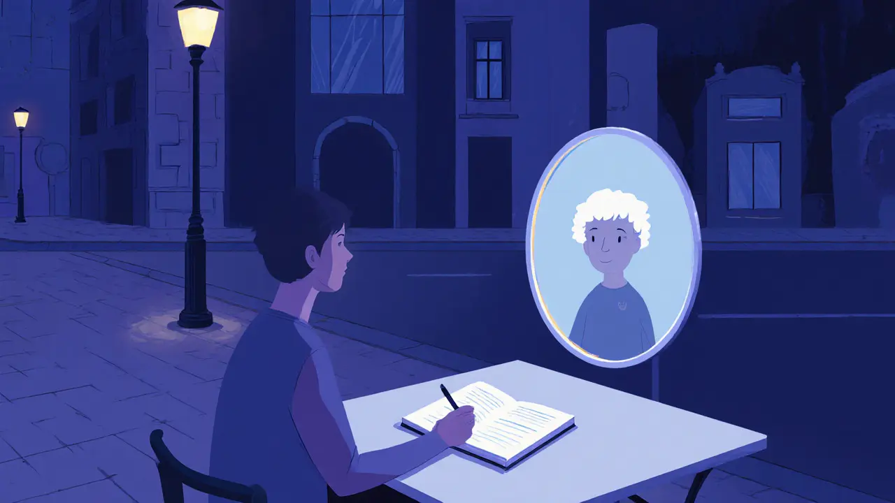 Person journaling at a night café with a reflective mirror symbolizing self‑discovery.