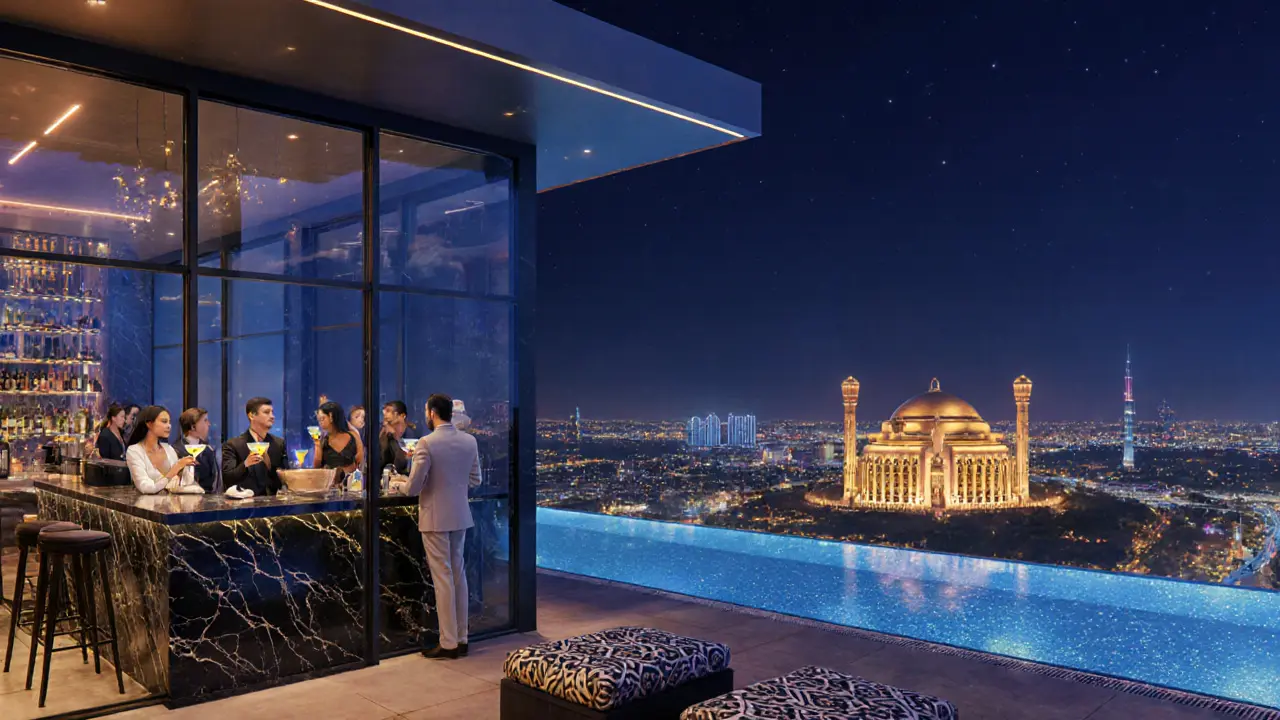 Rooftop bar with glass walls showing city lights, guests sipping cocktails, and an illuminated pool.