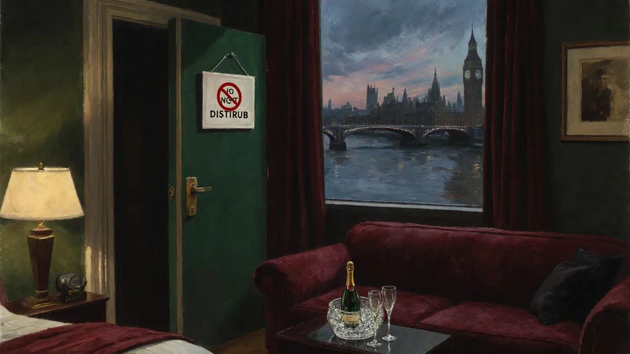 Soft-lit hotel suite with champagne, plush sofa and a discreet meeting setting.