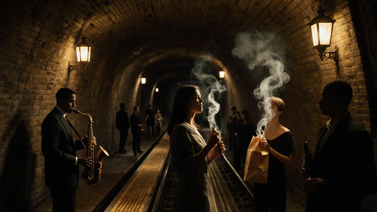 Underground jazz performance in a forgotten metro tunnel with lanterns and smoke drifting through the air.