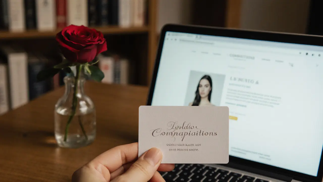 A business card and art books on a wooden table, laptop showing a professional escort profile, no faces visible.