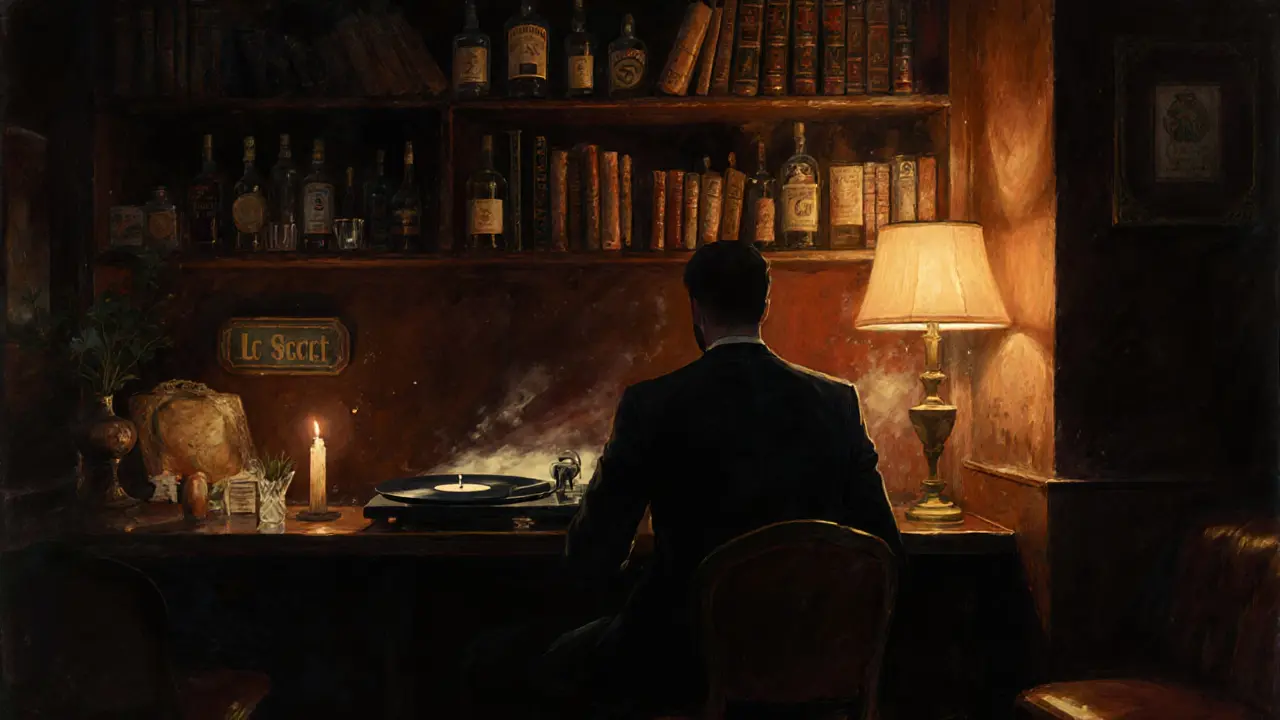 A dimly lit hidden bar with vintage vinyl records and warm candlelight, no signs visible.