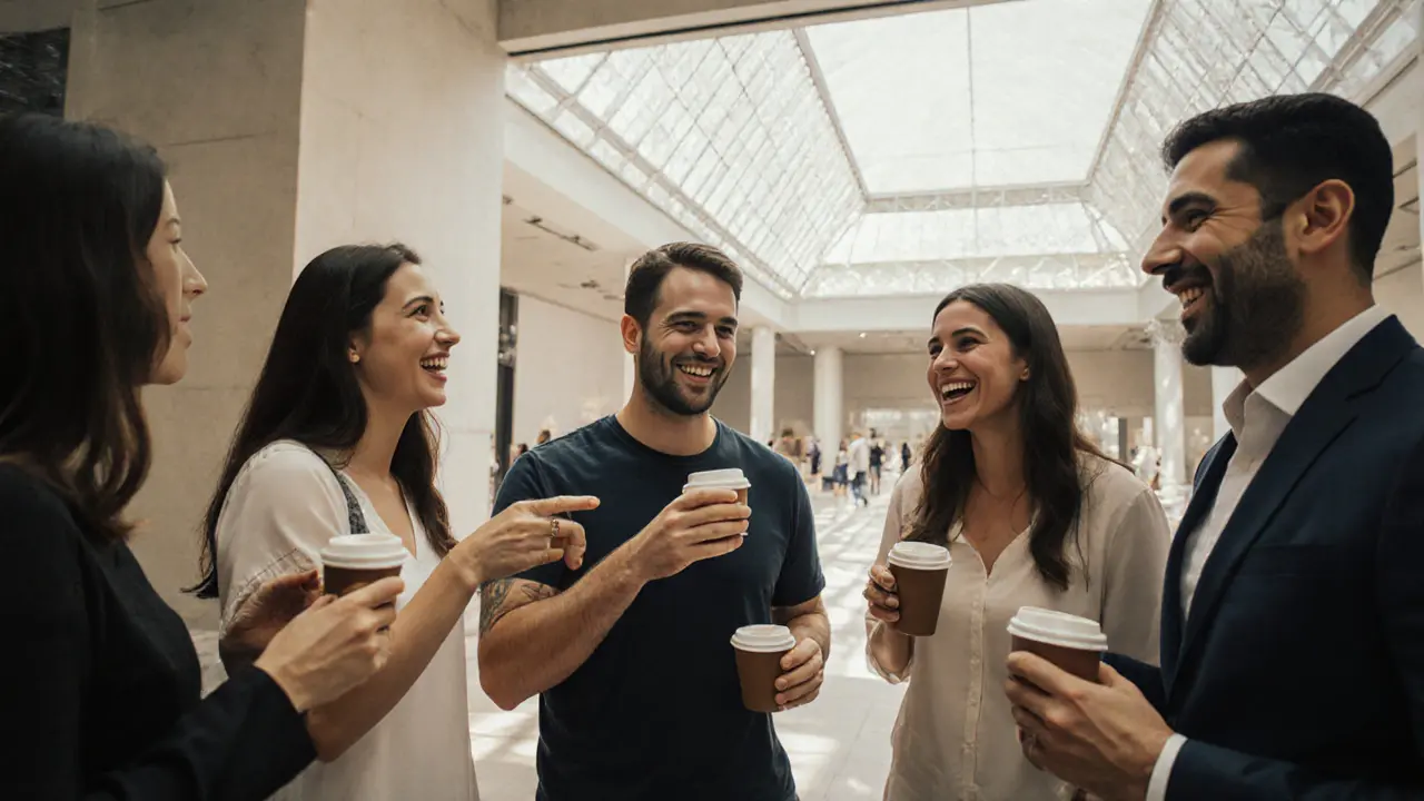 A diverse group of people enjoy a cultural event at Louvre Abu Dhabi, sharing laughter and conversation.