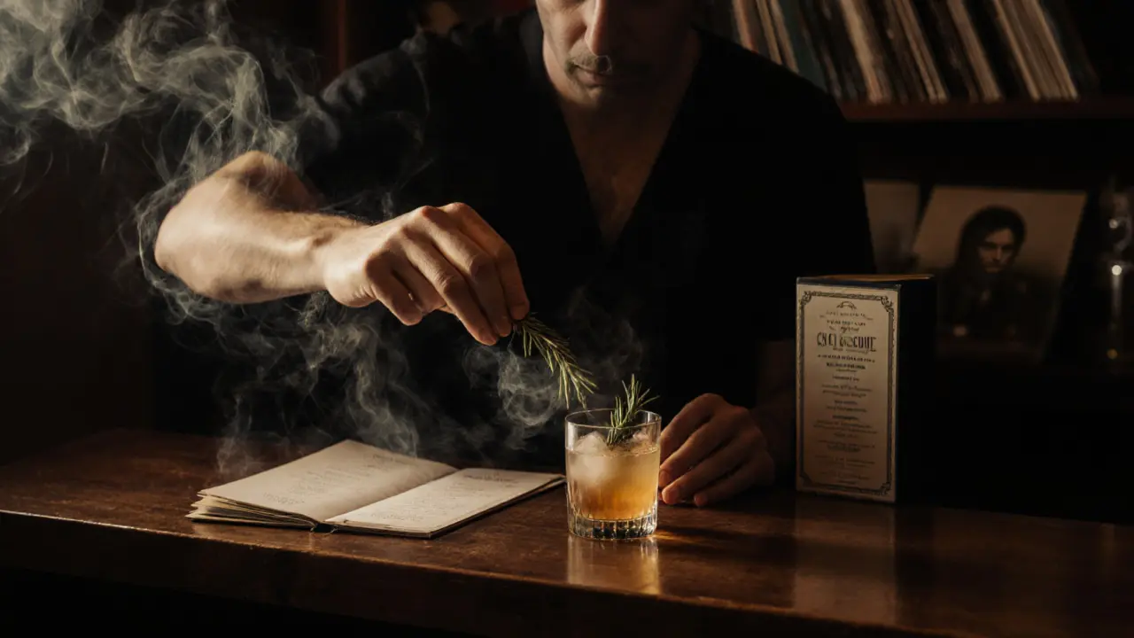 A guest waving smoked rosemary over a cocktail in a hidden bar with dim, moody lighting.