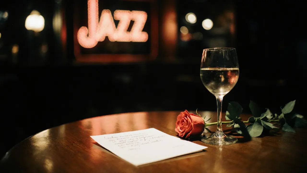 A handwritten note and rose rest on a table beside an empty wine glass in a quiet jazz club setting.