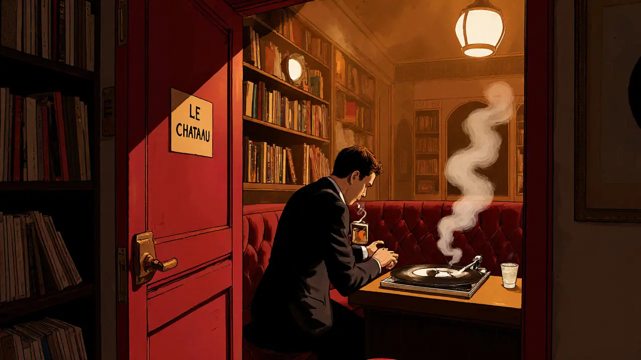 A hidden bar called Le Château with a red door, velvet booths, and vintage vinyl playing in warm amber light.