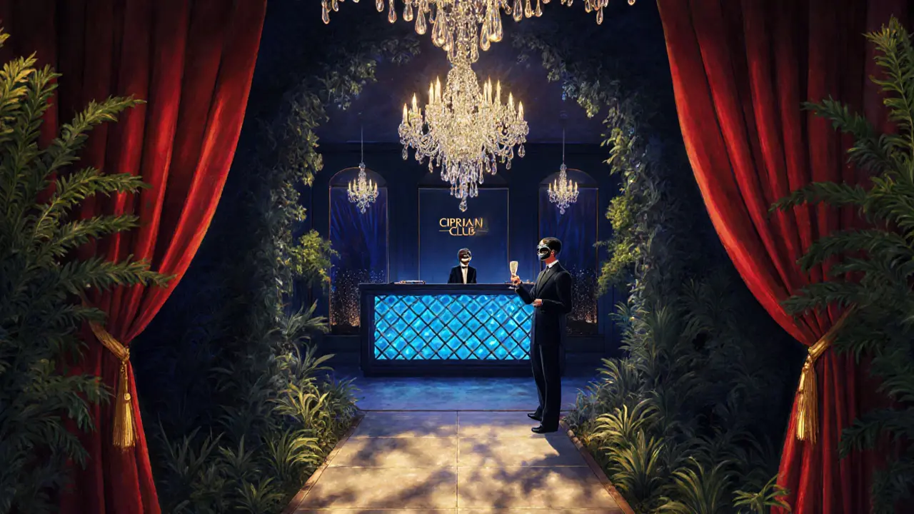 A hidden entrance to Cipriani Club with velvet curtains and glowing garden lights leading to an exclusive lounge.