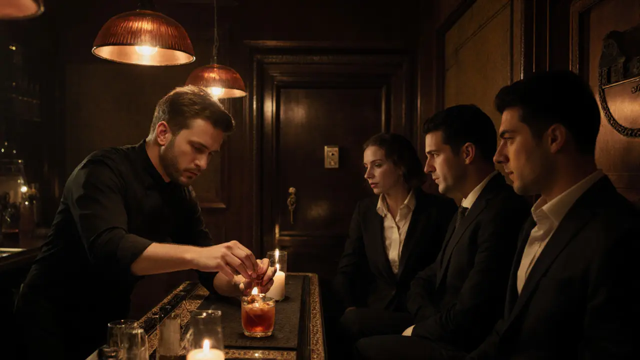 A hidden speakeasy bar with a mixologist preparing a unique cocktail under soft candlelight.