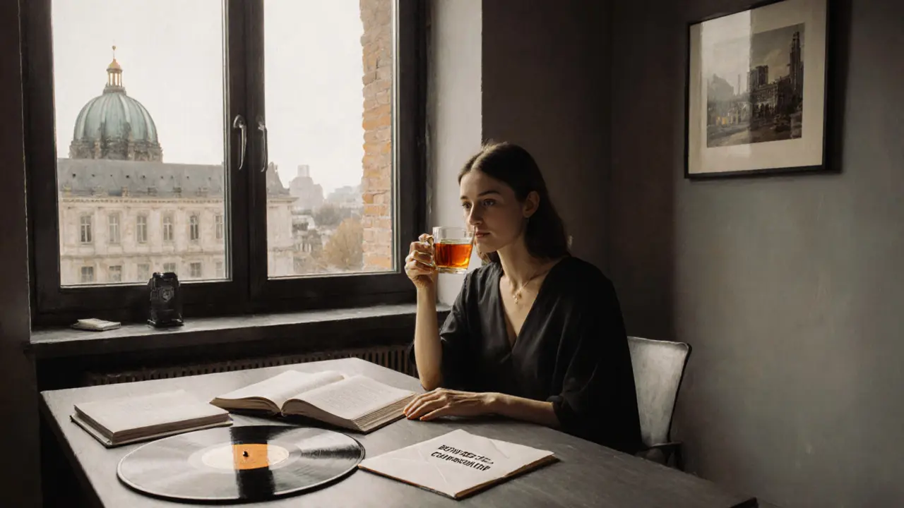 A highly educated woman in a minimalist Berlin loft, surrounded by books and a curated vinyl record.